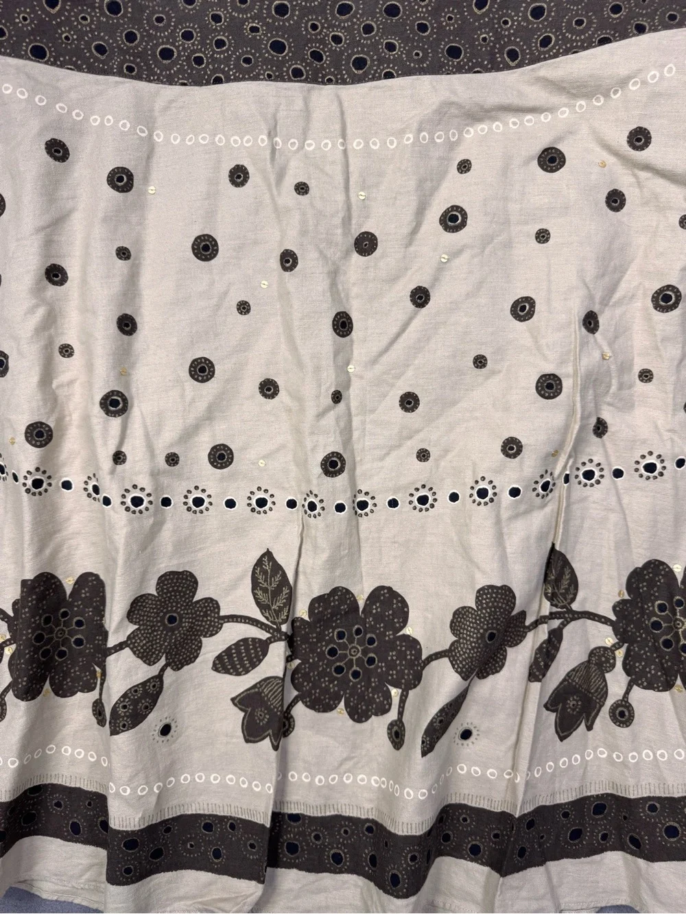 Liz Claiborne Vintage Cottagecore Fairy,Cream A-Line Skirt,Brown Floral Trim, 14